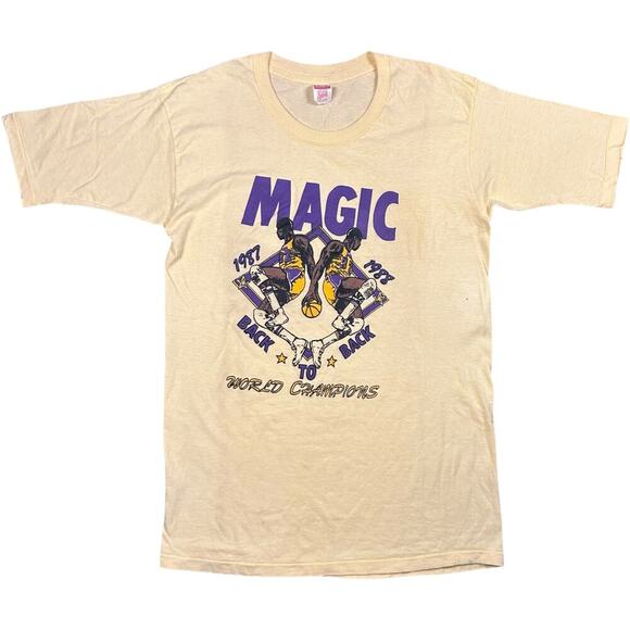 Magic Johnson 80s Vintage Back to Back Lakers Champs T-shirt - Picture 1 of 4
